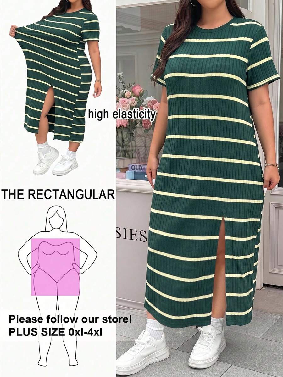 Solflare Dark Green Striped Split Short Sleeve Plus Size Dress - Dark Green - View 1