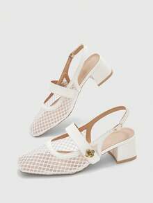 CUCCOO BIZCHIC Women's Fashion High-Heeled Shoes, Buckle Thick Heel Mesh Yarn, Global Four-Season Commuting, Elegant Foundation, Festival Vacation, Office Outdoor Daily Versatile - pure white - View 7