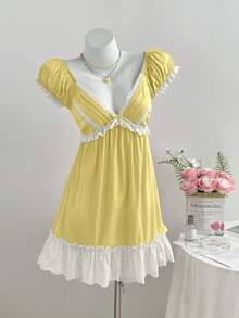 Elamini Vestido corto de mujer con manga raglán, volantes y decoración de moño - amarillo ganso - Ver 5