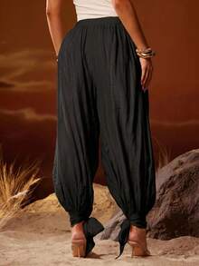Hauture Summer Casual Vacation Streetwear Solid Color Textured Hem Tie Design Women's Lantern Long Pants - Black - View 4