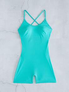 Swim Lushoire 女款素色夏季海灘泳衣，交叉綁帶設計，露背，無袖，修身一件式運動泳裝 - 薄荷藍 - 查看 5