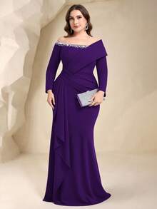 Coutiva Plus Size Elegant Crystal Embellished Off Shoulder Formal Evening Gown - Purple - View 5