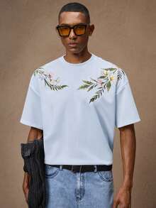 AKNOTIC Business Casual 男士花卉刺繡時尚休閒寬鬆短袖彈性刺繡T恤，適合夏季、度假、日常穿著、派對、情侶、男士禮物 - 淺藍色 - 查看 8