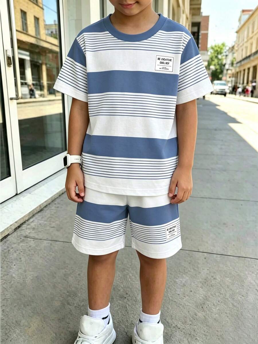1套男童條紋短袖套裝，春夏季新款，時尚休閒百搭且清涼，適合日常出遊、上學、度假旅行，多樣穿搭打造夏季造型，拍照效果佳，優質男童服飾，輕鬆搭配多款夏季造型 - 彩色 - 查看 1