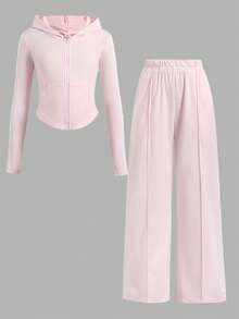 SHEIN Tween女孩休閒日常百搭舒適圓弧下擺夾克外套與長褲套裝 - 粉色 - 查看 9