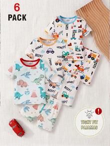 SHEIN GraphicGems 6pcs/Set Boy's And Young BoyCute Cool Dinosaur Car & Construction Vehicle Print Short Sleeve Shorts Knit Comfortable Soft Snug Fit Pajamas Loungewear Set - Multicolor - View 7
