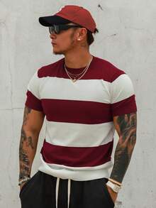 DAZY 男士時尚休閒條紋拼色針織上衣 夏季款 - 酒紅色 - 查看 3