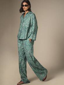 KSTM Paisley Print Long Sleeve Shirt And Wide Leg Palazzo Pants Co-Ord Set Summer Vacation Two Piece Outfit - Green - View 1