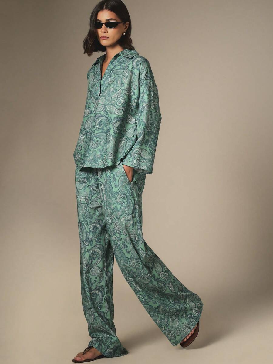 KSTM Paisley Print Long Sleeve Shirt And Wide Leg Palazzo Pants Co-Ord Set Summer Vacation Two Piece Outfit - Green - View 1