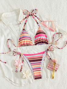 Swim Vcay Spring/Summer Women's 2 Pieces Sexy Bikini Swimwear Set, Halter Neck Tie, Colorful Striped Random Cut Pattern, Women's Beachwear Swimwear Set - Multicolor - View 7
