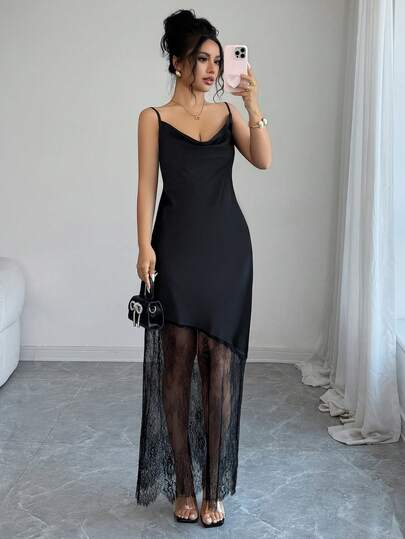Elenzga Vestido largo maxi negro para mujer de material de satén brillante unicolor, con cuello de volantes pequeños, cintura ceñida, dobladillo asimétrico, patchwork de encaje y tirantes ajustables, estilo francés exquisito, elegante, vintage, formal, para oficina, ir al trabajo, casual, playa, vacaciones, estilo occidental, estilo callejero, fotografía callejera, minimalista, versátil, moda, fiesta de té por la tarde, casual para el hogar, cómodo, estilo bohemio, fiesta, primavera, verano, nuevo vestido de verano