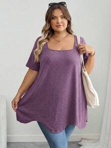 SHEIN CURVE+ Curve 大尺碼女裝/秋季女裝/冬季女裝/大尺碼方領不對稱下擺口袋短袖T恤黑色上衣 8XL 6XL 5XL 大尺碼女裝上衣，女款度假穿搭秋季冬季 CURVE PLUS - 紫色 - 查看 5