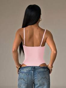 SHEIN PETITE 女款純色性感時尚細肩帶連身內衣，適合嬌小女性 - 粉色 - 查看 3