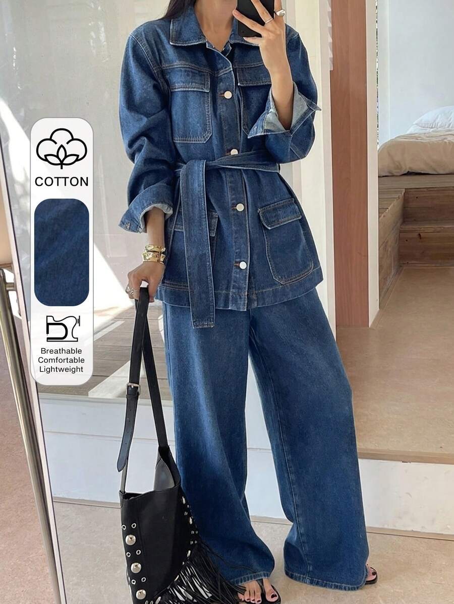 DAZY Setelan Jaket Denim dan Celana Jeans Kasual Wanita dengan Kancing Depan dan Saku Lipat, Gaya Musim Gugur Biru Tua untuk Bepergian - Biru - View 1