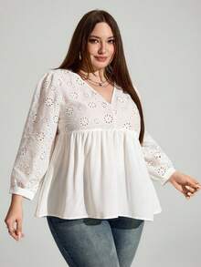 Enliva Camisa de mujer de manga larga con cuello en V de encaje traslúcido en talla grande, cómoda y holgada para primavera y verano, ropa informal diaria, blusas para mujer, tops para curvas, atuendos de vacaciones - Blanco - Ver 3