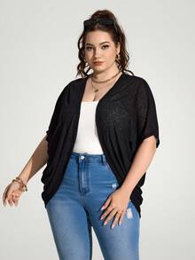 Enliva Jolene.Mendez Plus Size Vacation Solid Color Asymmetric Hem Batwing Sleeve Casual Jacket,Spring/Summer, For Apple Rounded Body Shape - Black - View 4