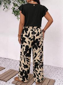 Lounesse Conjunto de 2 piezas de blusa y pantalones con bloques de color floral, talla grande - Multicolor - Ver 2