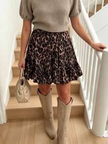 Plus Size Women's Fashionable Leopard Print Ruffled Hem Skirt, Summer - Multicolor - View 3