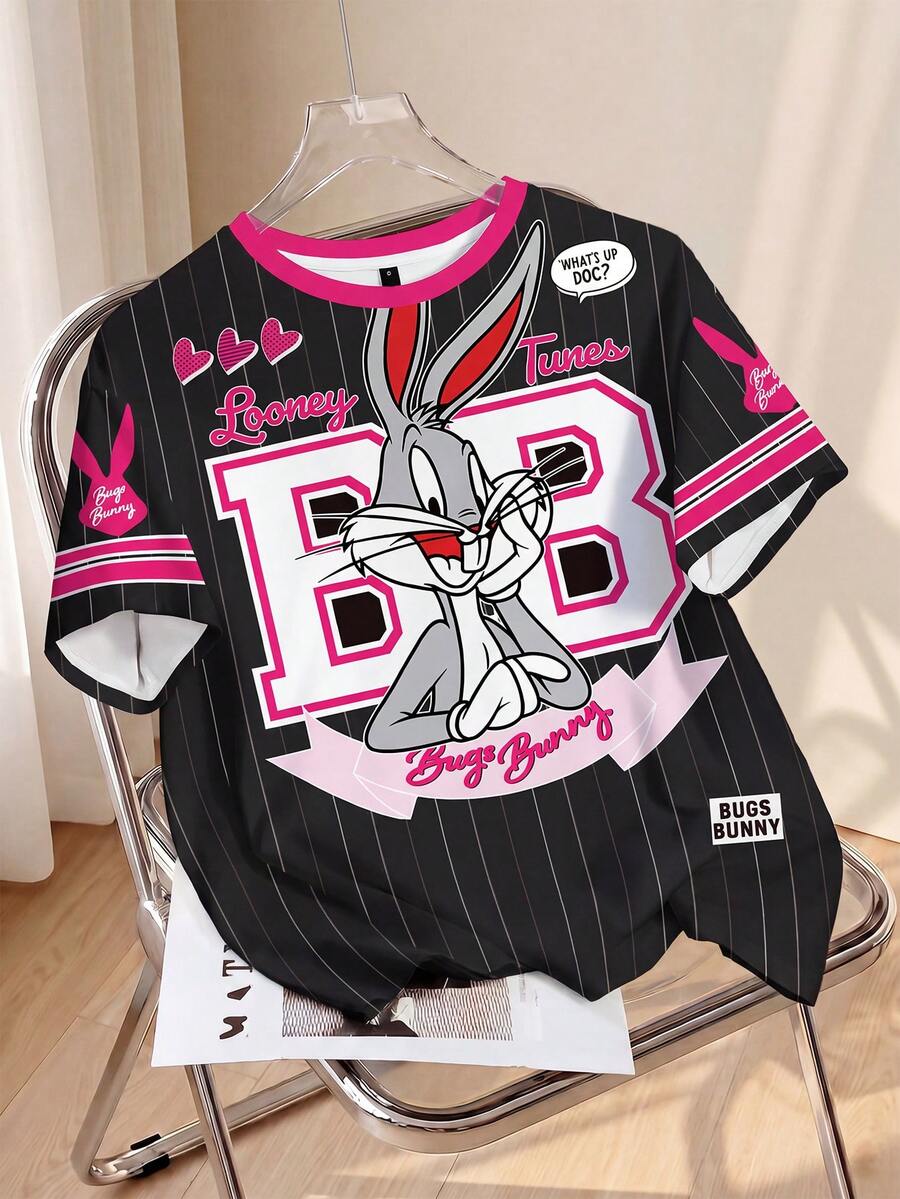 LOONEY TUNES X SHEIN Áo thun nữ tay ngắn cổ tròn in họa tiết tối giản - trắng - Xem 1