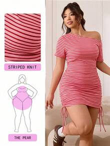 Solflare Plus Size Hot Pink Summer Casual Night Out Club Dress,Asymmetric Shoulder Striped Knit Ribbed Stretchy Bodycon,Full Body Ruching Adjustable Length - Pink - View 1