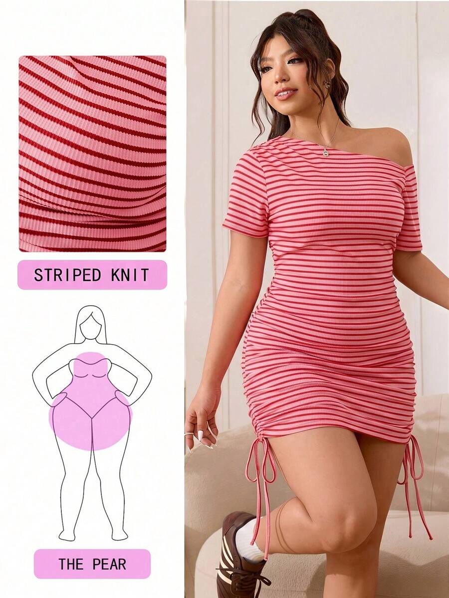 Solflare Plus Size Hot Pink Summer Casual Night Out Club Dress,Asymmetric Shoulder Striped Knit Ribbed Stretchy Bodycon,Full Body Ruching Adjustable Length - Pink - View 1