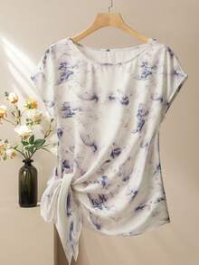 Lacomfia Casual Elegant 90s Floral Print Round Neck Batwing Sleeve Side Tie Fitted Shirt Solid Color Elastic Waist Wide Leg Pants Summer Plus Size 2pcs Set - Multicolor - View 3