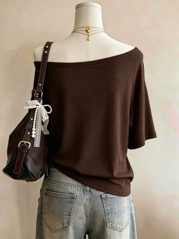 Lalippa Western Cowboy Pattern Print Simple Women's Round Neck T-Shirt, Friend's Gift - Brown - View 2