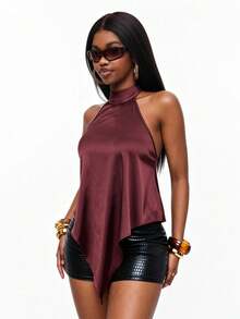 Vadaroq Women's Summer Sexy Chic Elegant Ribbon Burgundy High Neck Backless Tank Tops Night Out - Coffee Brown - View 6
