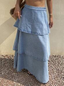 Livesso Women's Loose Ruffled Denim A-Line Skirt - Blue - View 4