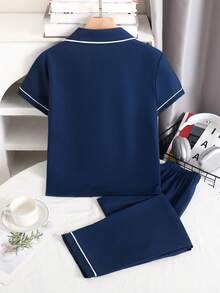 Boys' Woven Lapel Open Front Short Sleeve Top And Casual Long Pants 2 Pieces Loungewear Set - Navy Blue - View 2