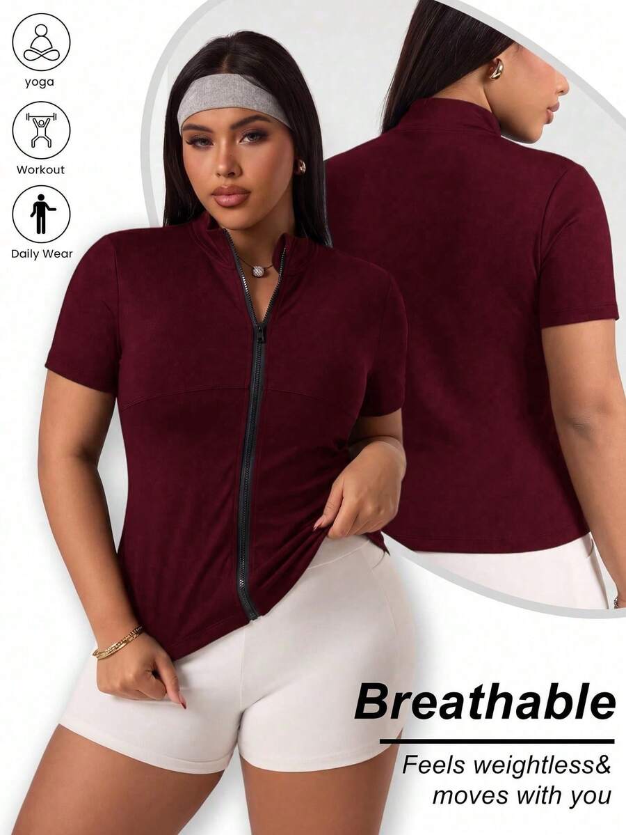 SHEIN Rhythm Era 大尺碼運動夾克多巴胺粉色結構化肩部短袖開襟衫拉鍊式外套 - 紅色 - 查看 1