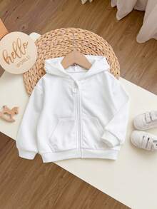 Baby Girl Zipper Front Solid Color Long Sleeve Pocket Hooded Sweatshirt - White - View 7