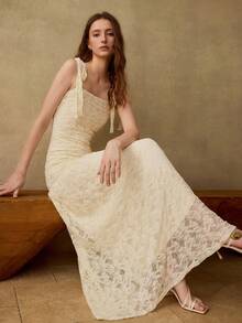 MOTF PREMIUM WOMEN'S SUMMER LACE SHOULDER KNOT MAXI STRAP DRESS WEDDING BIRTHDAY MOTHER OF THE BRIDE VACATION WHITE SEQUIN ELEGANT ROMANTIC - Beige - View 4