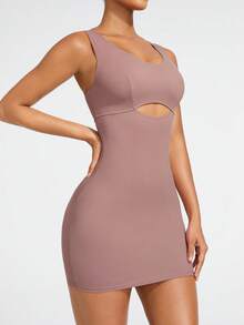 SHAPORA Vestido Moldeador Con Ribete De Pom Pom Y Cuello Redondo De Color Sólido Para Mujeres - Rosa vieja - Ver 3