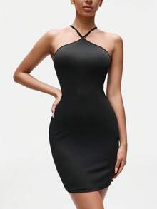 SHEIN Nuisette moulante dos nu à col ras-du-cou de couleur unie pour femmes - Noir - Voir 7