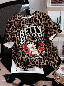Betty Boop x SHEIN 女款圓領短袖豹紋印花T恤 - 白色 - 查看 3