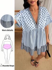 Enliva Damen-Freizeitkleid in großen Größen mit V-Ausschnitt, Polka-Dot- und Streifenmuster, Polka-Dot-Kleid, Boho-Sommerkleid, Damen-Sommerbekleidung, geeignet für Strand, Picknick und andere Anlässe, Polka-Dot-Kleid, für Apfel- und rundliche Körperformen - Verschiedenfarbig - Übersicht 4
