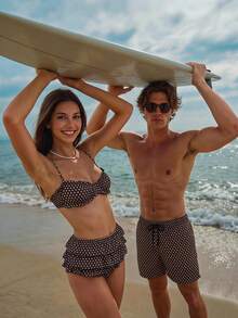 Manfinity Swimmode 男士波點圖案休閒海灘短褲，適合度假 - 咖啡棕 - 查看 5