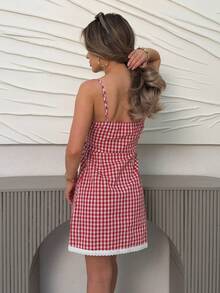Vestido ajustado bandeau de mujer sexy y lindo con estampado a cuadros rojos y blancos - amarillo ganso - Ver 2
