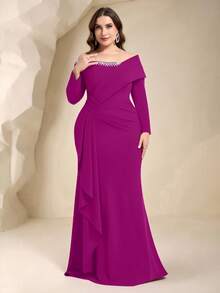 Coutiva Plus Size Women's Off-Shoulder Formal Evening Gown (Heavily Embellished) - Hot Pink - View 4