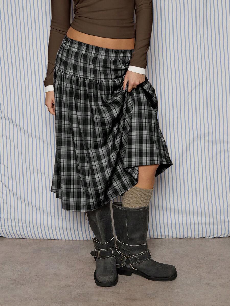 COUREZ Low Rise Check Midi Skirt / Y2K Spring Clothes For Women Cute Cottagecore Skirts 2 Piece Sets Valentines Day Outfit Date Night Going Out Outifts - Dark Grey - View 1