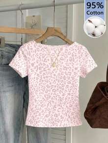 CovetEZ Casual Minimalist Sexy Off-Shoulder Pink Leopard Print Short Sleeve T-Shirt, Suitable For Spring And Summer, Spring And Summer Clothing Matching, Pink Leopard Print Makes You Look Fairer - Multicolor - View 6