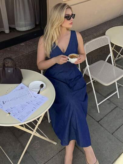 Dripcurv Plus Size Summer Casual Solid Color Sleeveless Dress,Summer Dresses For Women ,Festa Junina Women's Clothing,Elegant Party Dresses,Going Out Outfits