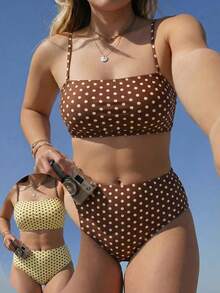 Swim Mod 2026 New Spring/Summer Plus Size 2-Piece Reversible Polka Dot Random Print Bandeau Bikini Set With Detachable Shoulder Straps For Women Beach Vacation - Multicolor - View 3