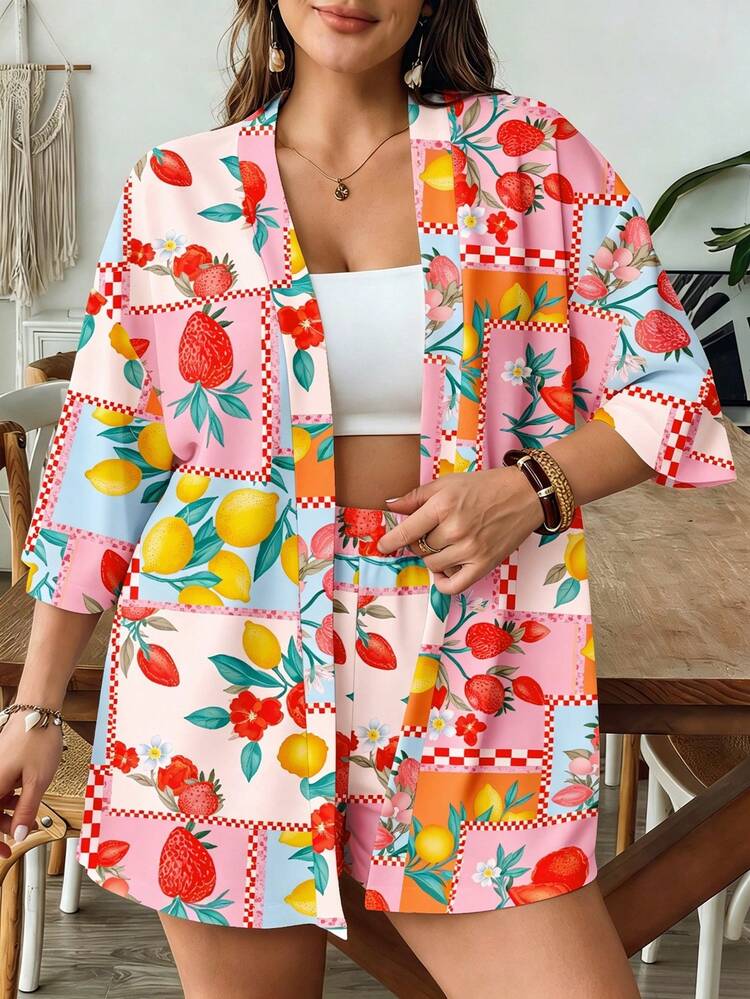 SHEIN VCAY Casual Simple Retro Leaf Pattern Loose Plus Size 2 Pieces Set Suitable For Summer Tropical Vacation  Vacation Beach - Multicolor - View 4