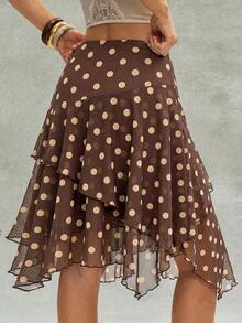 Bohemela Casual Boho Woven Printed Ruffle Hem Loose Asymmetrical Skirt Women's Skirt Vacation Brown Polka Dot Summer - Multicolor - View 3