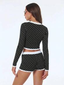 SHEIN ICON 2件組女款音樂會外穿條紋圖案前扣長袖上衣與短褲套裝，春季 - 黑與白 - 查看 2