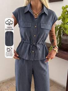 DAZY Conjunto de 2 piezas de blusa sin mangas con cintura anudada y pantalones rectos de estilo casual para vacaciones, primavera/verano - Azul Marino - Ver 1