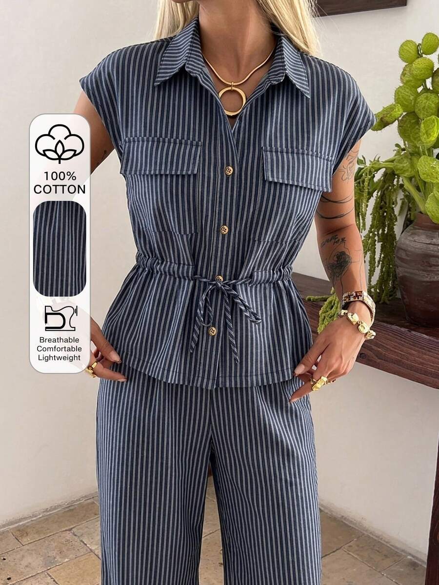 DAZY Conjunto de 2 piezas de blusa sin mangas con cintura anudada y pantalones rectos de estilo casual para vacaciones, primavera/verano - Azul Marino - Ver 1
