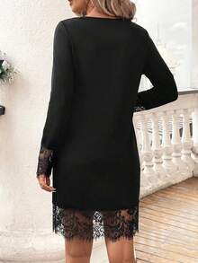 SHEIN Clasi Women's Solid Color Lace Patchwork Short Dress Dinner Black Autumn French Elegant Sexy Night Out Date Night - Black - View 3